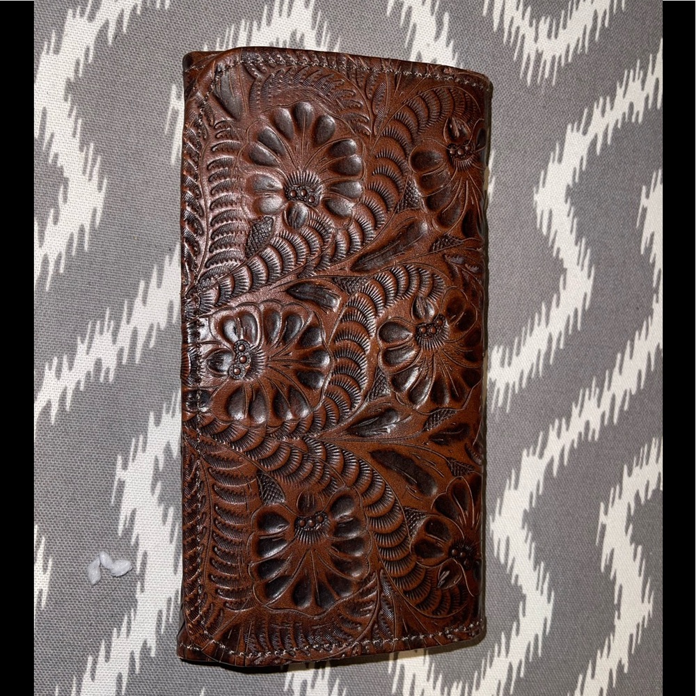 American west tri fold tooled brown leather wallet
